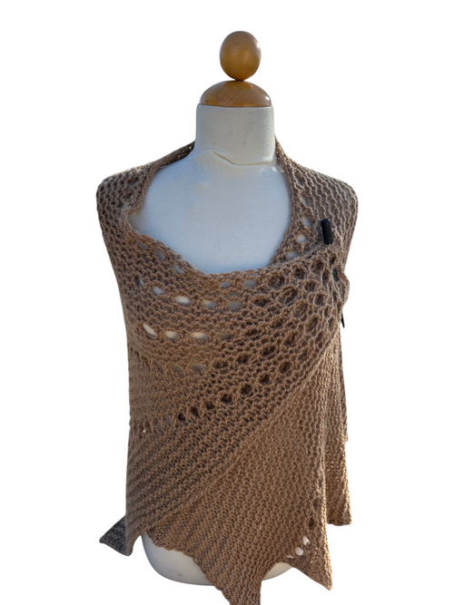 Oak Crest Alpacas and More hand-knit 100% alpaca shawl in tan with openwork lace and wooden shawl stick on mannequin