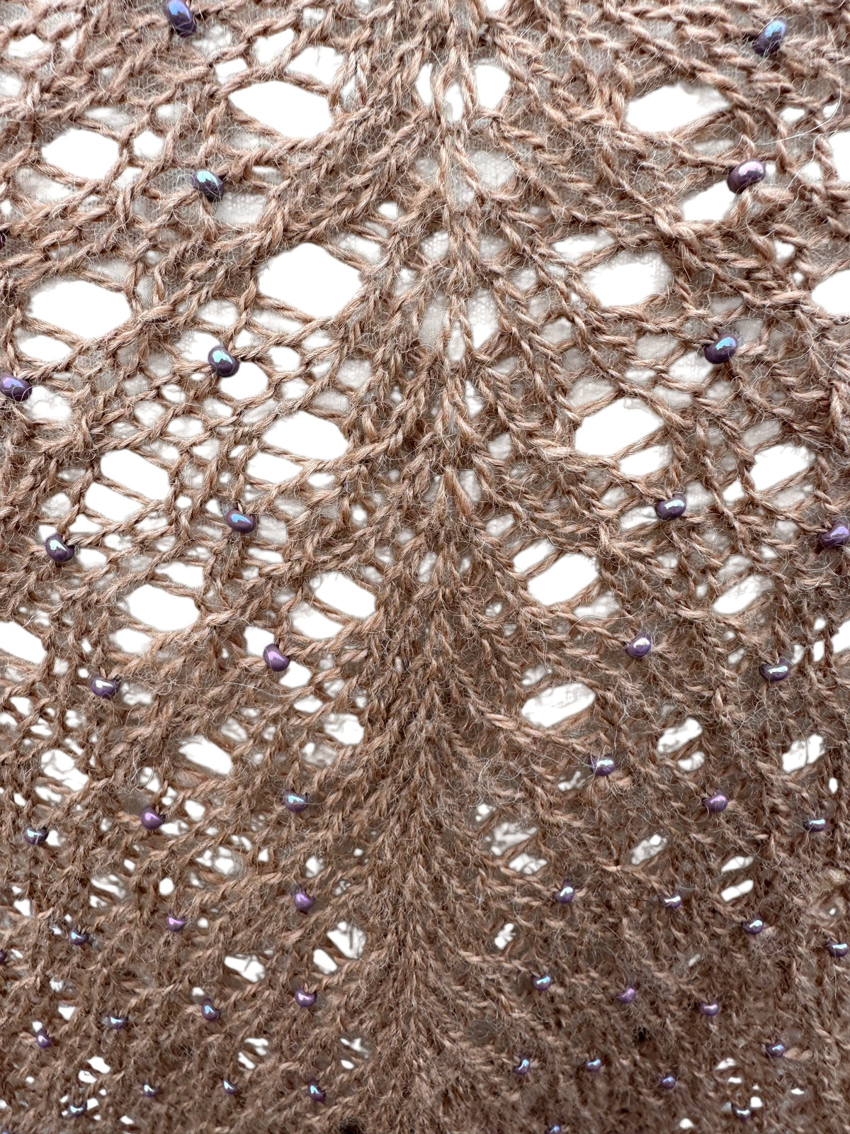 Oak Crest Alpacas and More hand knit brown alpaca lace shawl with delicate purple bead detailing