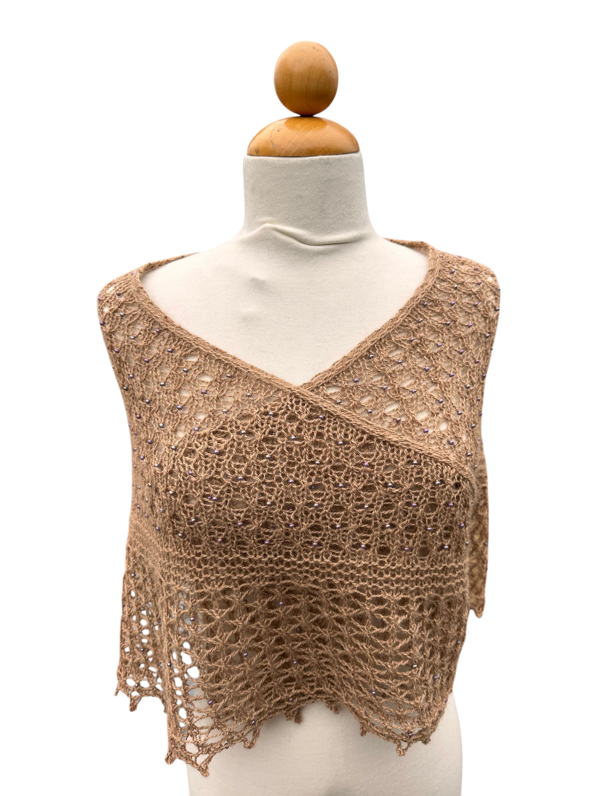 Oak Crest Alpacas and More hand knit tan alpaca lace shawl with delicate bead accents styled on a mannequin