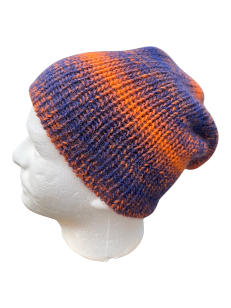 Oak Crest Alpacas and More double knit alpaca and merino wool hat in blue and orange on a mannequin head