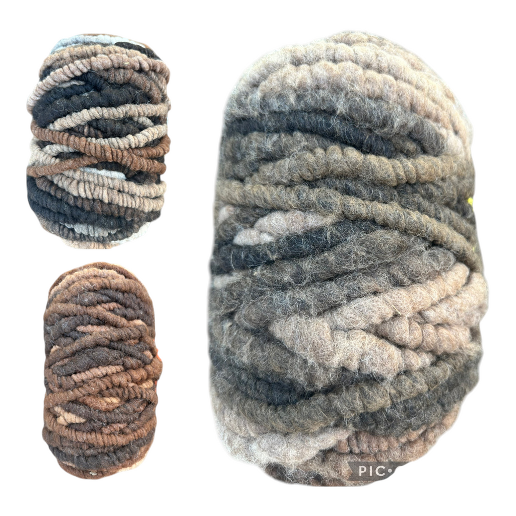 Oak Crest Alpacas and More multicolored alpaca rug yarn bumps with a cotton core for weaving and crochet projects.