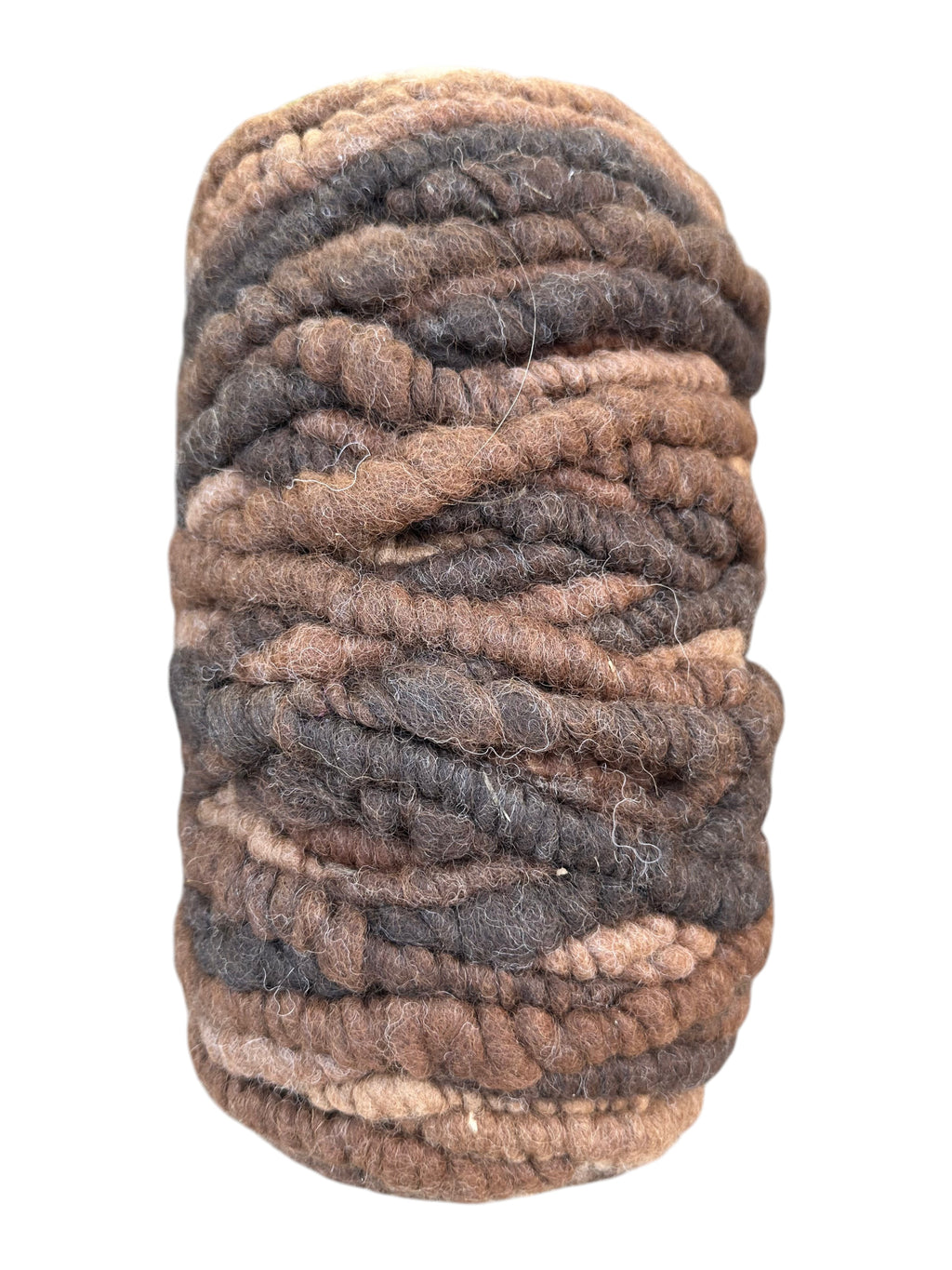 Oak Crest Alpacas and More brown and grey multicolored mill spun alpaca rug yarn bump with a cotton core
