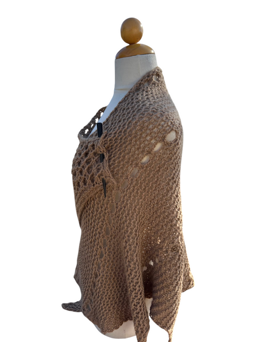 Oak Crest Alpacas and More hand-knit 100% alpaca shawl in light brown with openwork lace and wooden shawl stick