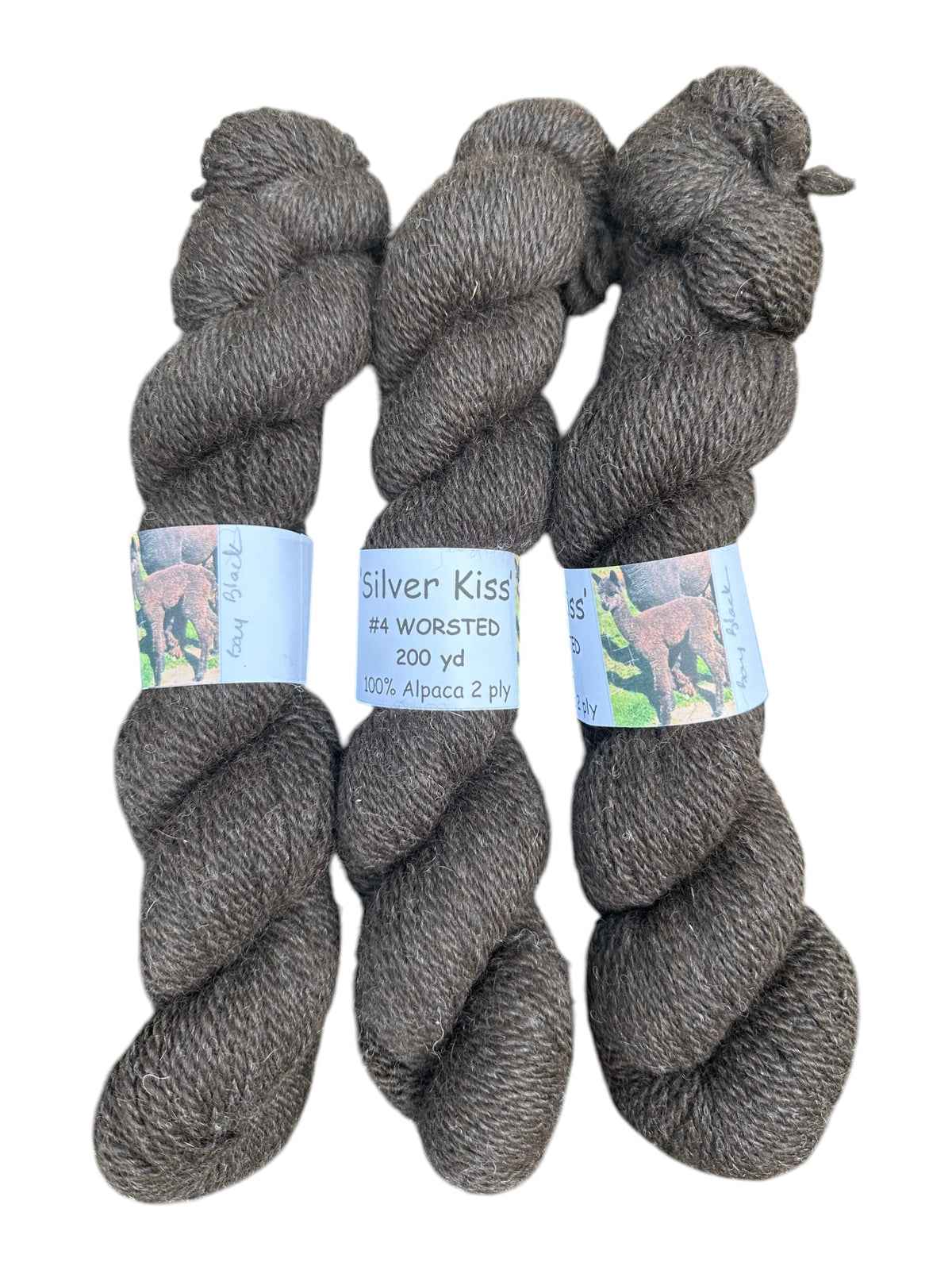 Oak Crest Alpacas and More bay black 100% alpaca worsted yarn skeins, 2-ply, soft and dehaired natural fiber.