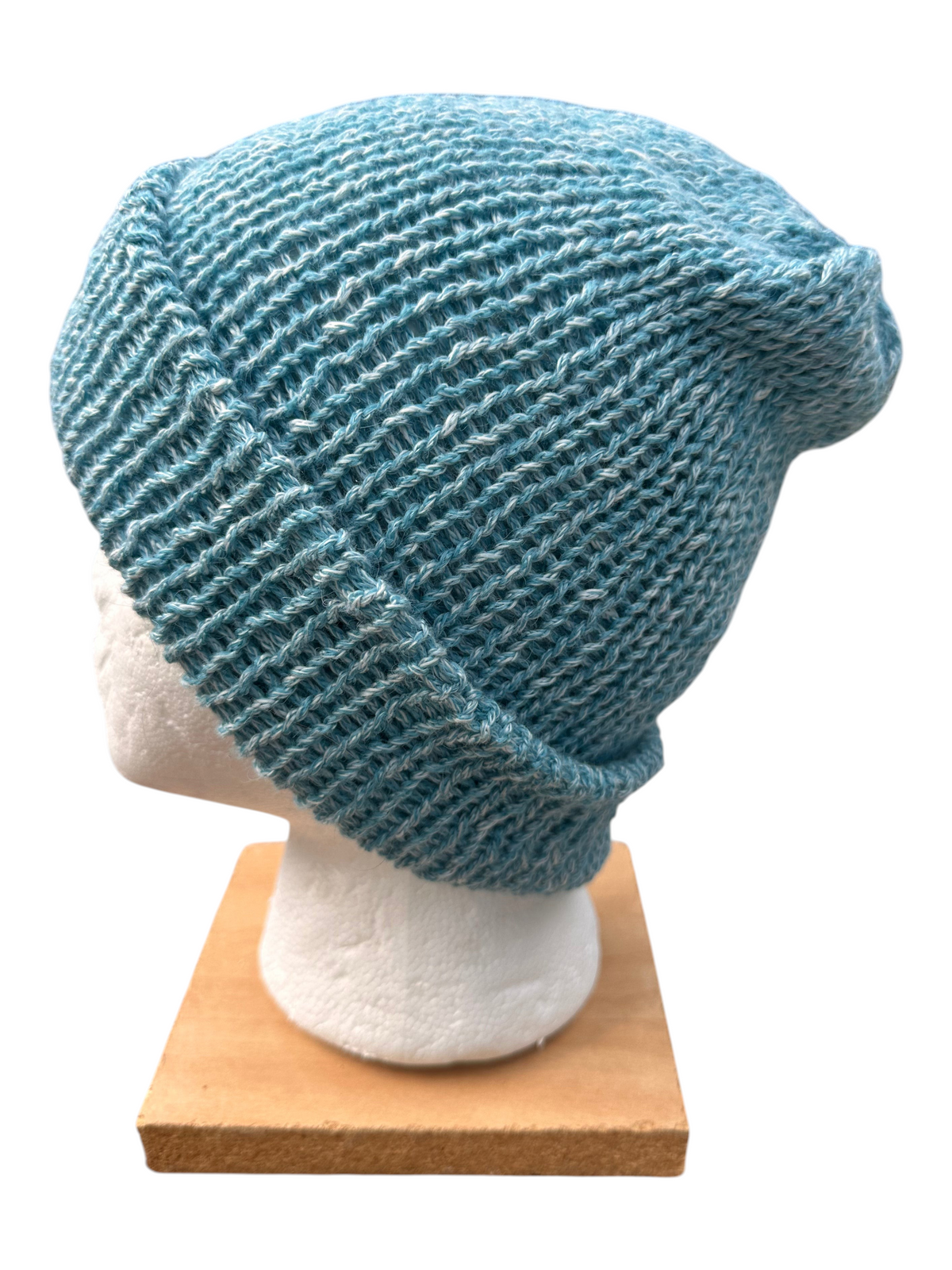 Oak Crest Alpacas and More lightweight blue double knit alpaca and cotton beanie with a versatile fold over brim.