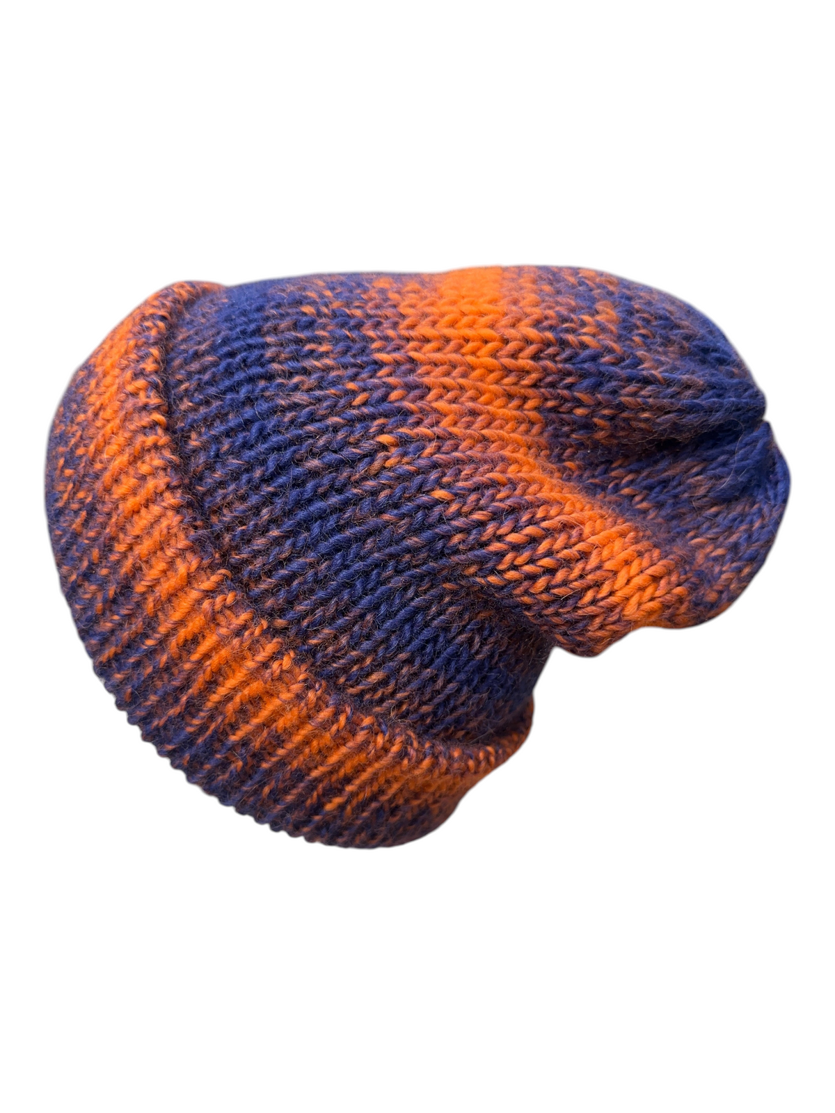 Oak Crest Alpacas and More double knit alpaca wool hat in blue and orange with a slouchy fold over brim design.