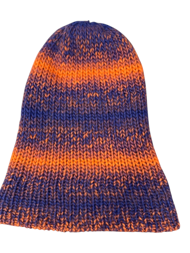 Oak Crest Alpacas and More double knit alpaca and wool blend beanie in mixed blue and orange stripes