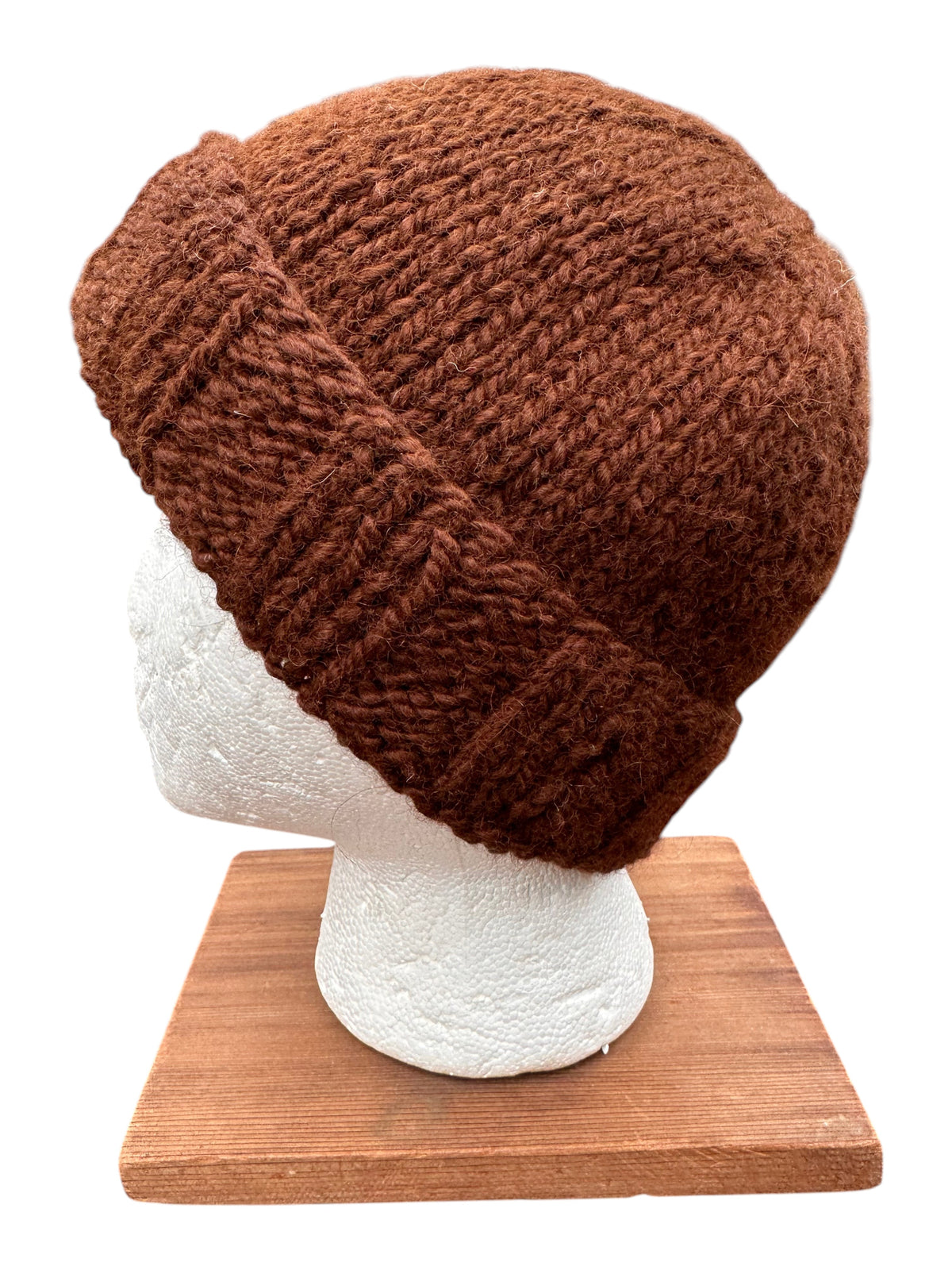 Oak Crest Alpacas and More brown hand knit chunky alpaca wool beanie with a fold over brim on a mannequin head