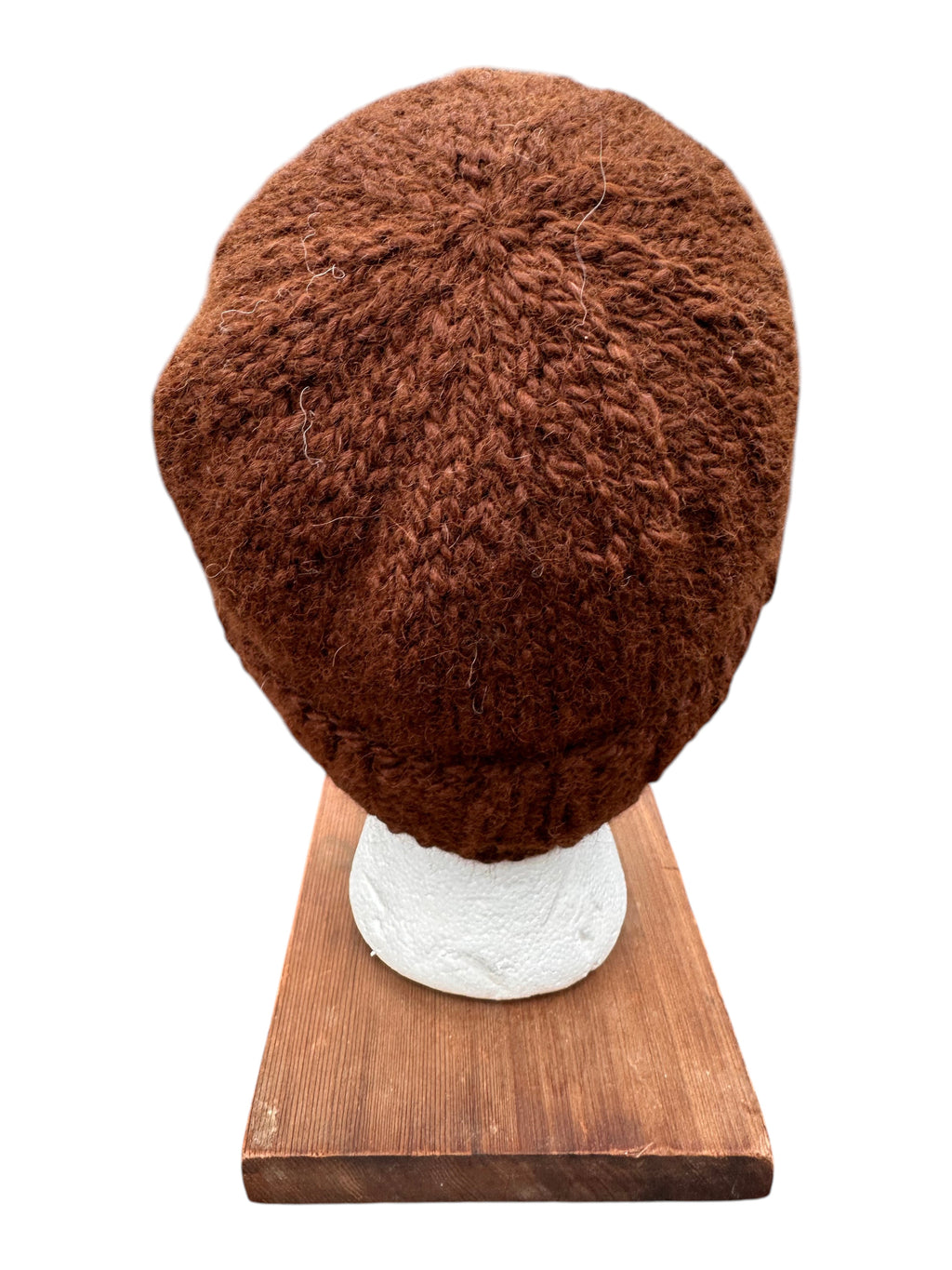 Oak Crest Alpacas and More brown hand-knit chunky 100% alpaca wool beanie hat on a display stand.