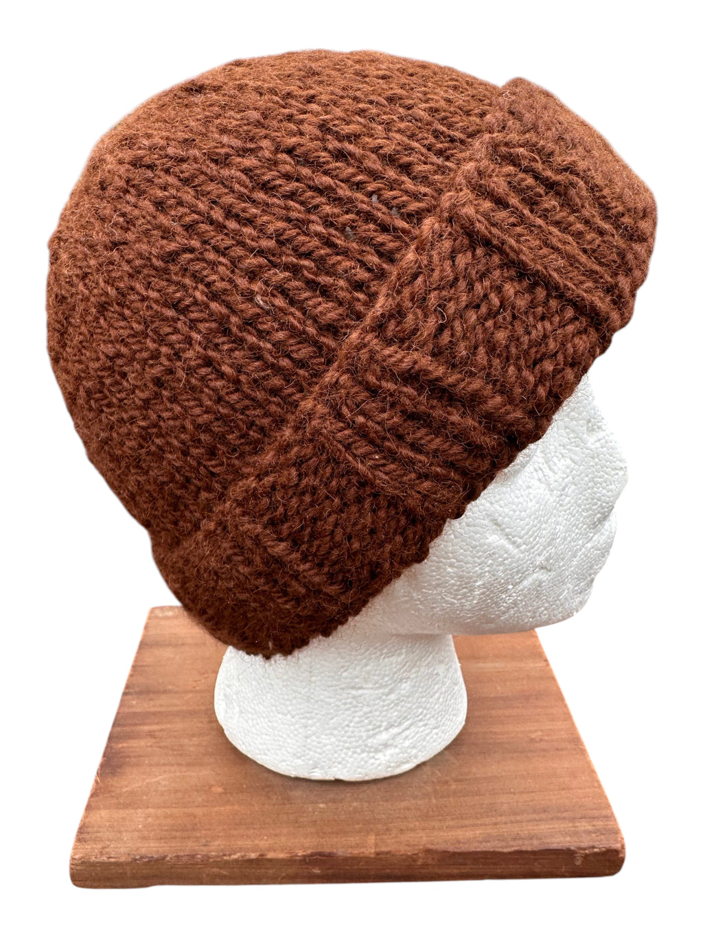 Oak Crest Alpacas and More brown hand-knit chunky 100% alpaca wool beanie with a fold-over brim on a mannequin head.