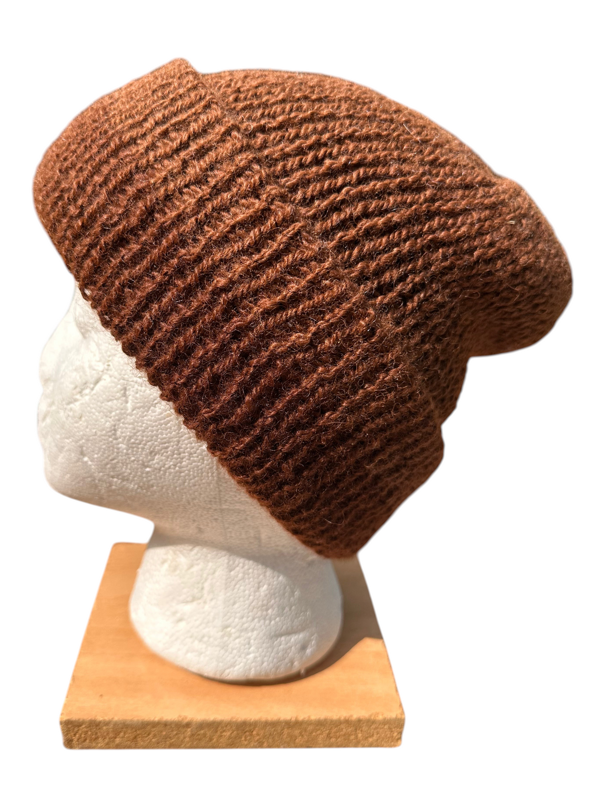 Oak Crest Alpacas and More brown double knit alpaca wool hat with a fold over brim on a mannequin head