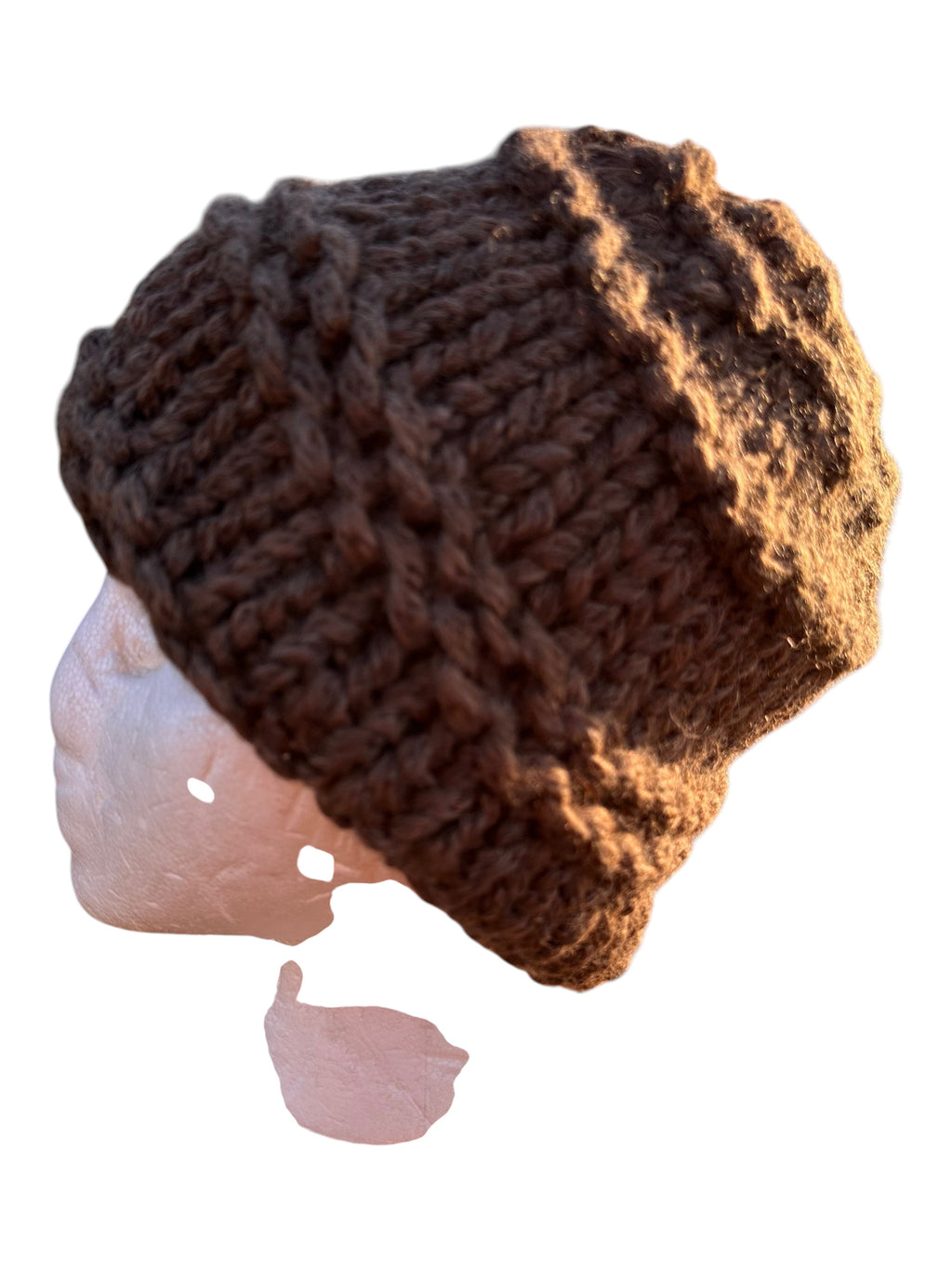 Oak Crest Alpacas and More hand-knit chunky brown alpaca wool hat with a textured lace pattern on a mannequin head.