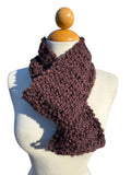 Oak Crest Alpacas and More chocolate brown hand-knit alpaca and wool boucle scarf on a mannequin