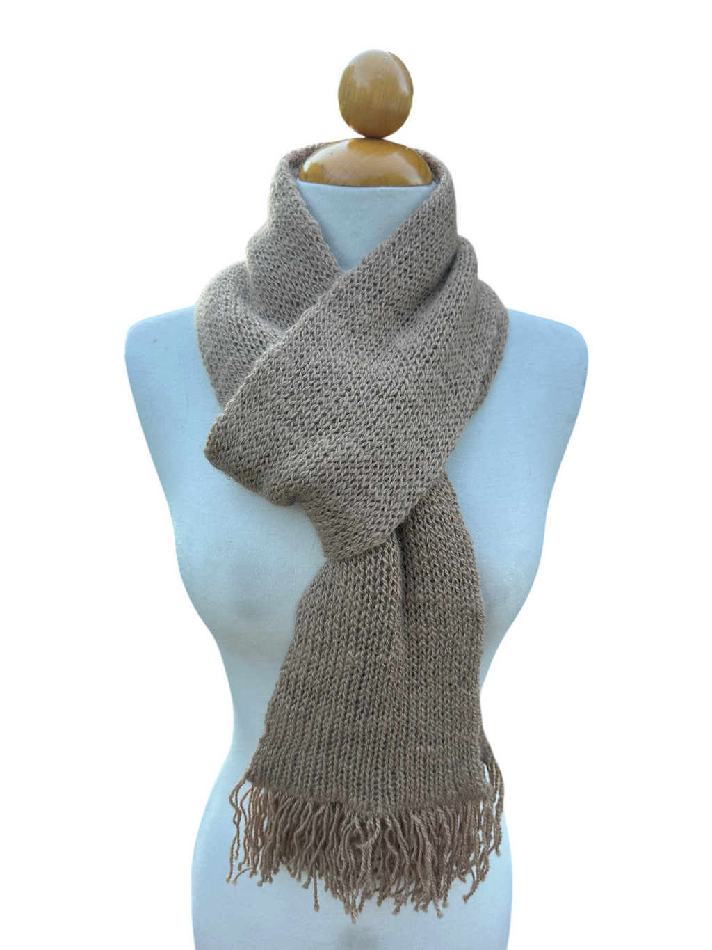 Oak Crest Alpacas and More soft brown double knit alpaca scarf with fringe on a mannequin