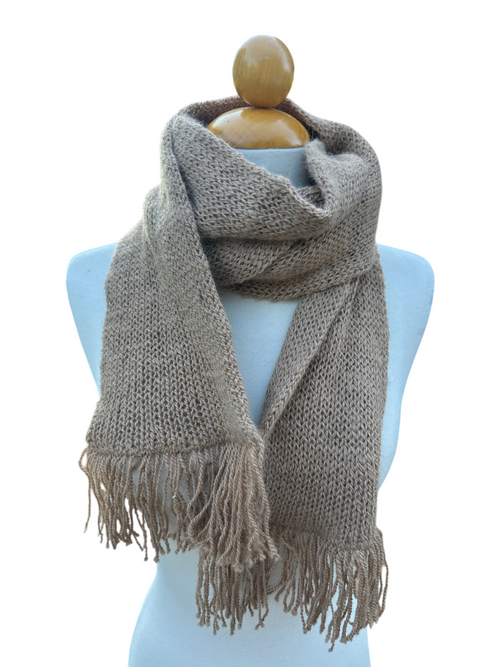 Oak Crest Alpacas and More soft brown double knit alpaca scarf with fringe on a mannequin