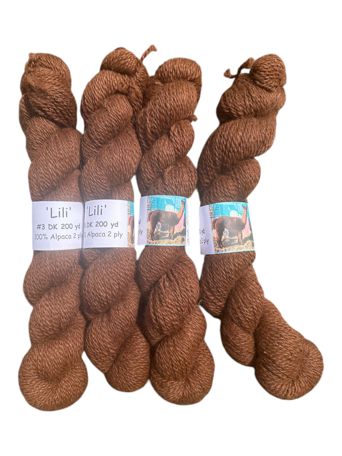 Oak Crest Alpacas and More brown 100% alpaca DK yarn skeins, 2-ply, dehaired for softness, labeled Lili.
