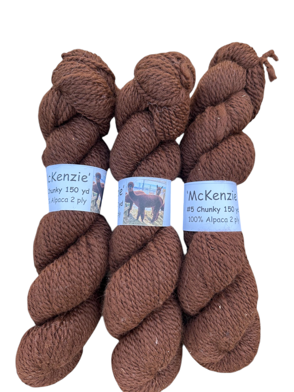 Oak Crest Alpacas and More chunky 2-ply medium brown McKenzie alpaca yarn skeins with natural undyed fiber