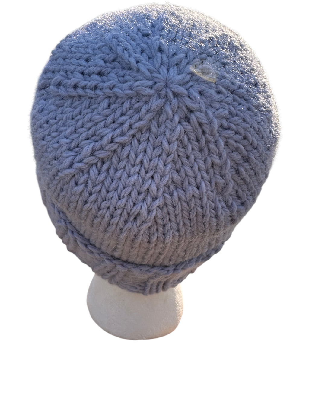 Oak Crest Alpacas and More hand-knit chunky grey alpaca wool beanie with a folded brim on a mannequin head