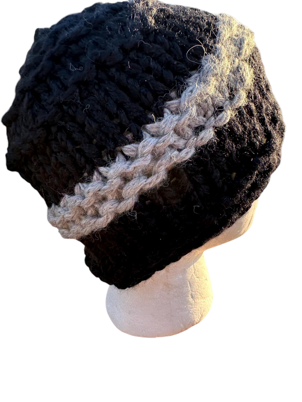 Oak Crest Alpacas and More hand-knit chunky black alpaca hat with a decorative grey lace-patterned band