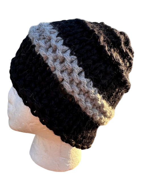Oak Crest Alpacas and More hand-knit chunky alpaca hat in black and grey with a textured lace pattern