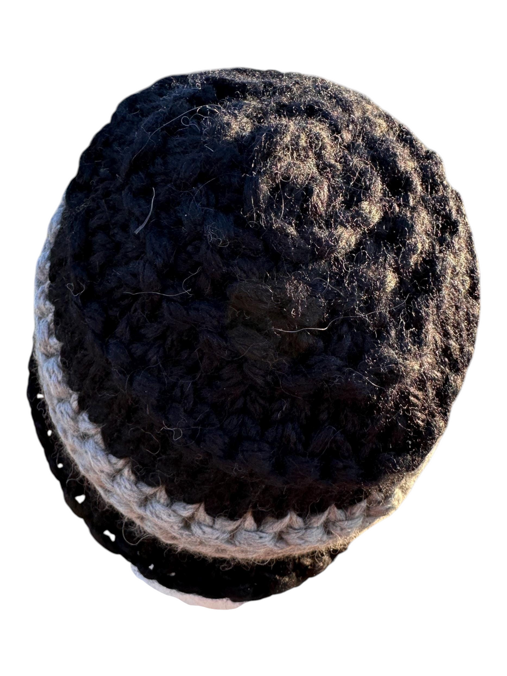 Oak Crest Alpacas and More hand-knit chunky alpaca hat in black and grey with a textured lace pattern
