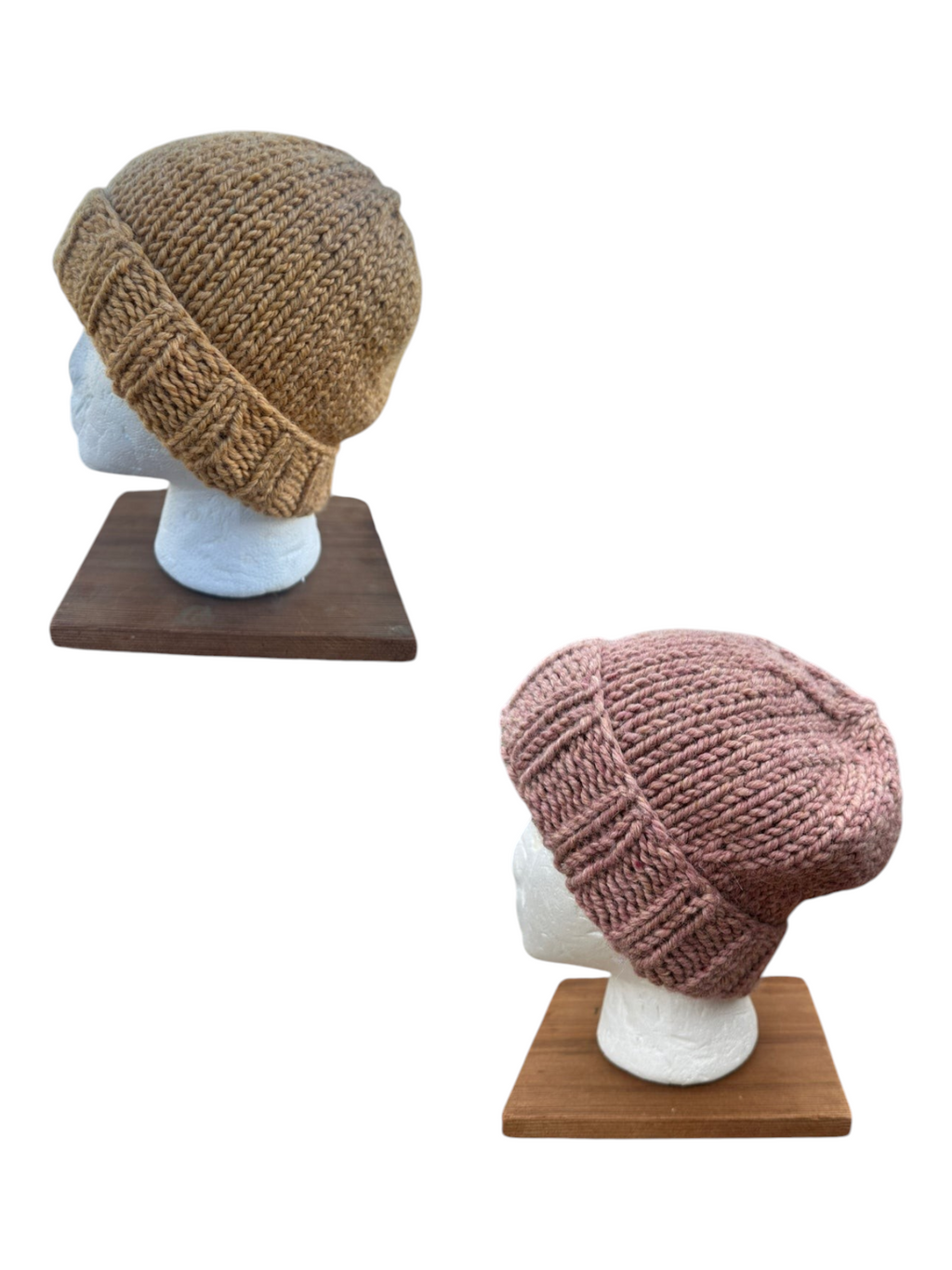 Oak Crest Alpacas and More hand-knit chunky alpaca wool hats in wheat and mauve on mannequin heads