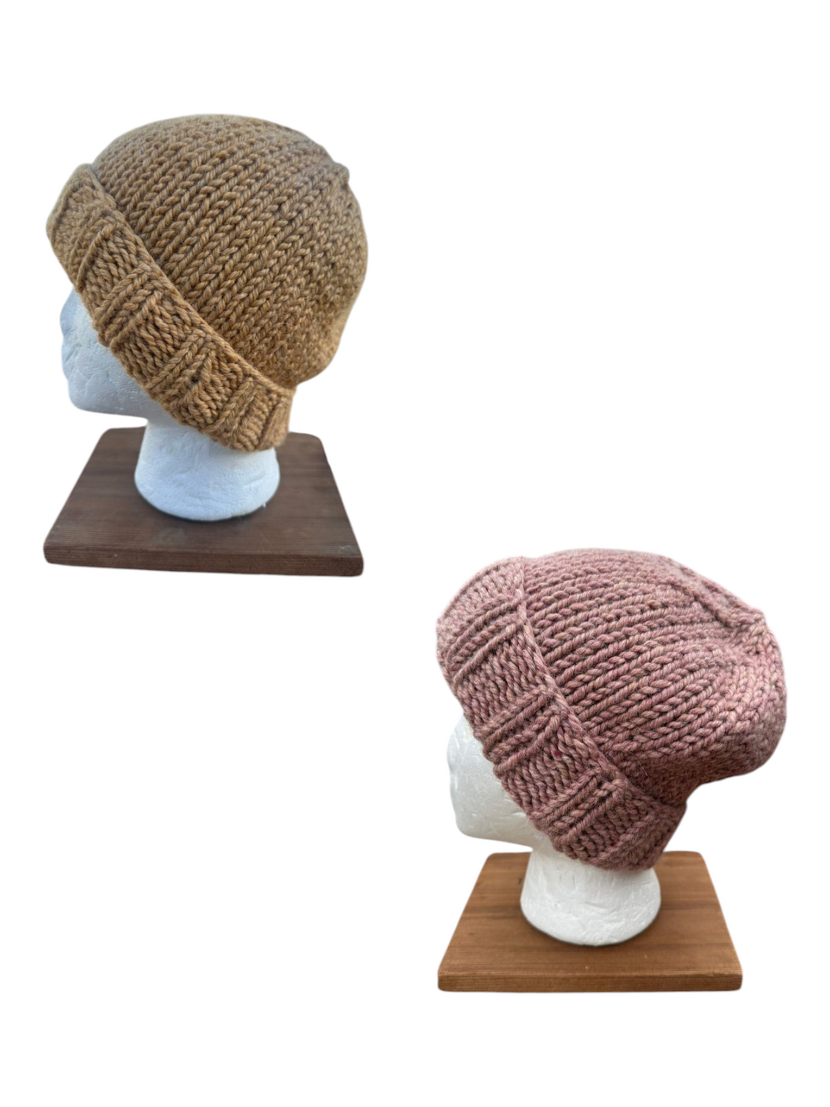 Oak Crest Alpacas and More hand-knit chunky alpaca wool hats in wheat and mauve on mannequin heads