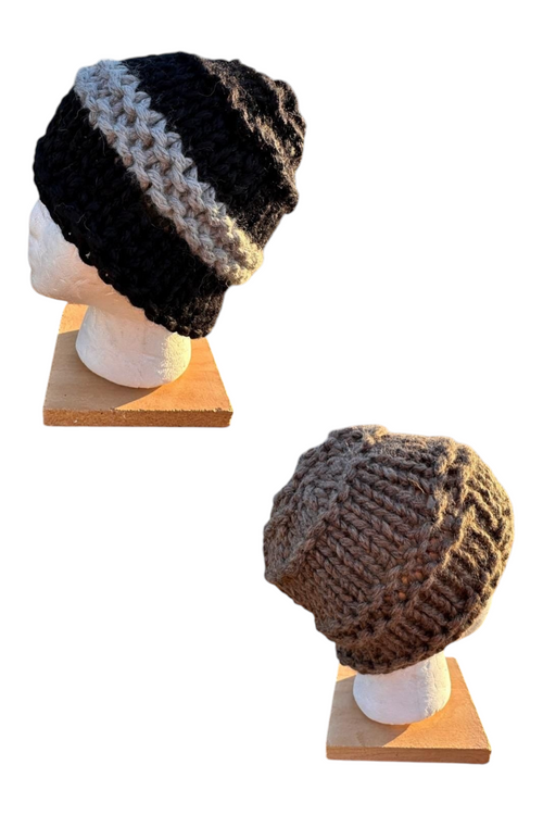 Oak Crest Alpacas and More hand-knit chunky alpaca hats in black, grey, and brown on mannequin heads.