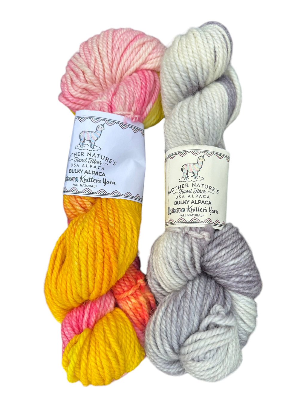 Oak Crest Alpacas and More chunky alpaca and merino yarn skeins in vibrant sunset and soft grey variegated colors.