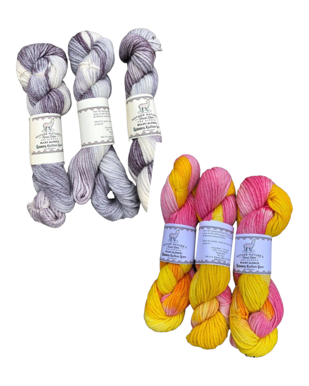 Oak Crest Alpacas and More chunky alpaca and merino wool yarn skeins in grey variegated and pink yellow variegated