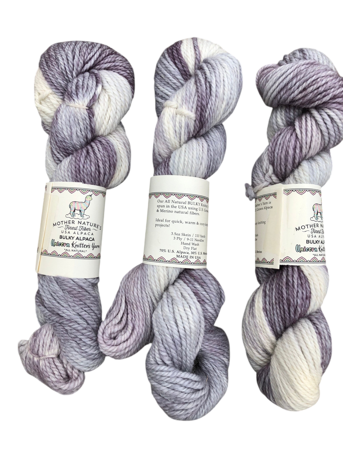 Oak Crest Alpacas and More chunky 3-ply yarn in variegated purple and white alpaca and merino wool blend
