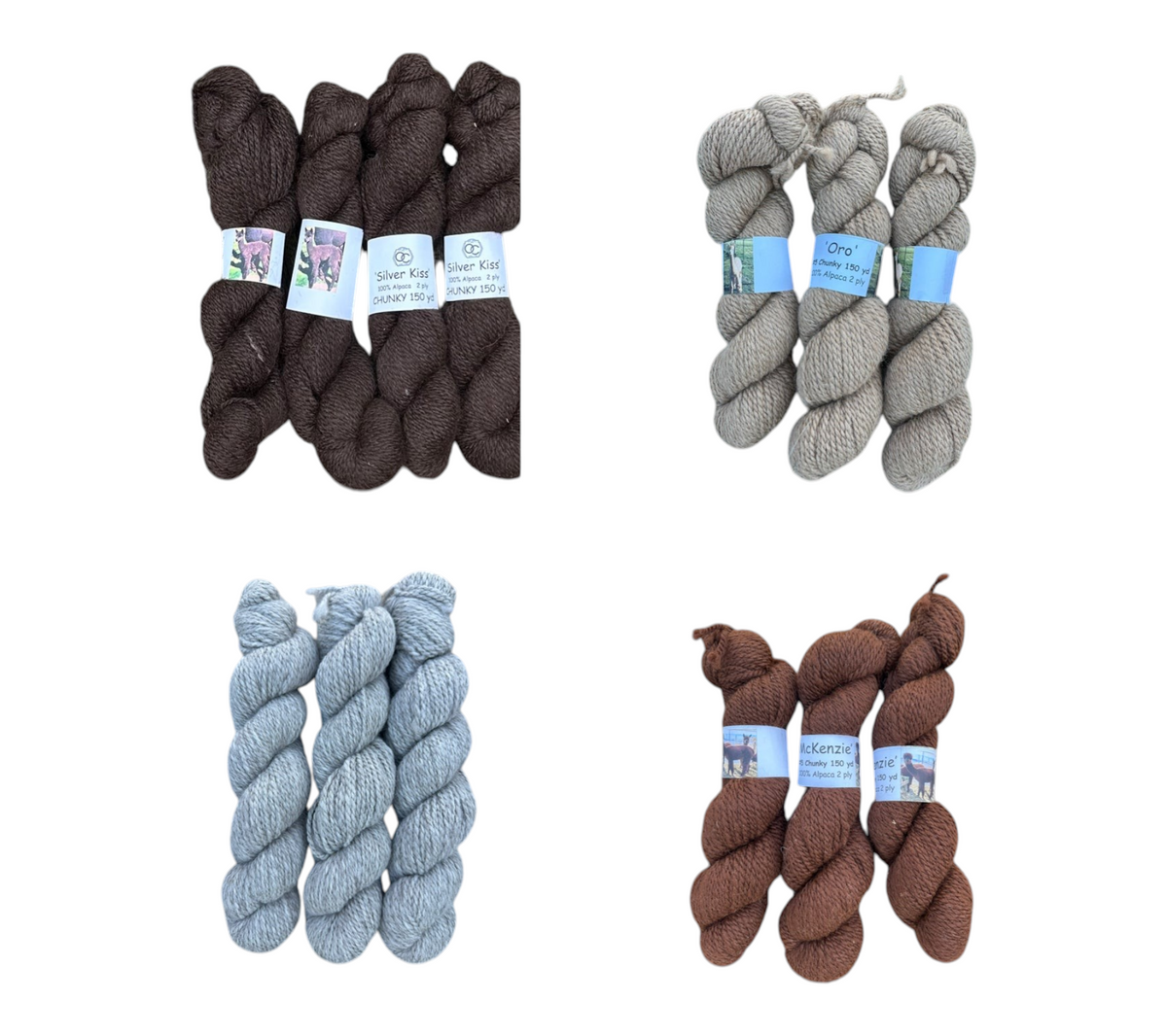 Oak Crest Alpacas and More chunky 2-ply natural alpaca yarn skeins in assorted undyed earth tones