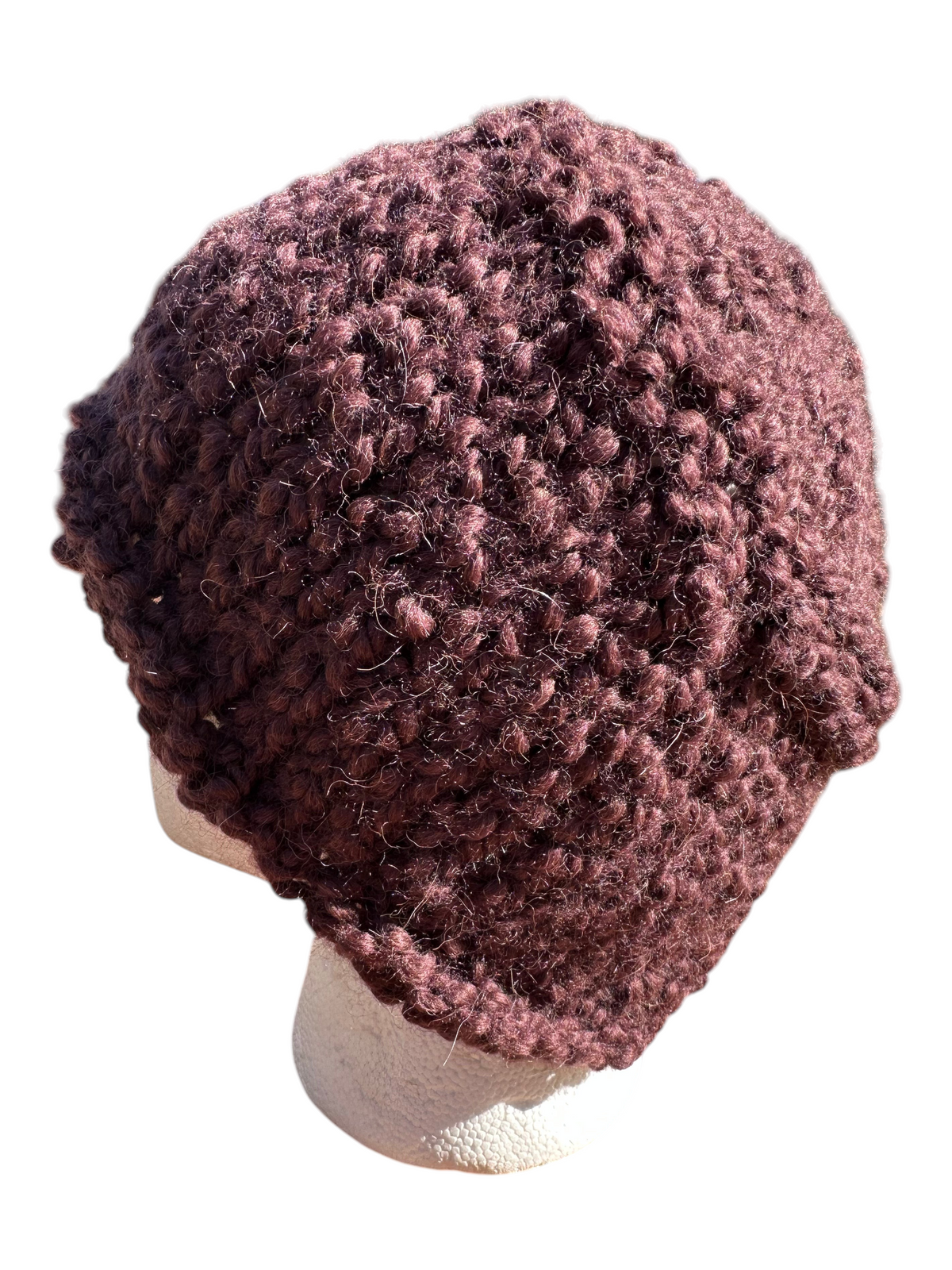 Oak Crest Alpacas and More hand-knit chunky boucle hat in chocolate brown with deep purple tones, alpaca wool blend.