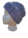 Oak Crest Alpacas and More hand-knit chunky grey alpaca wool beanie with a folded brim on a mannequin head