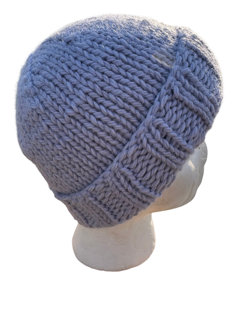 Oak Crest Alpacas and More hand-knit chunky alpaca and wool beanie in light grey with a folded brim on a mannequin
