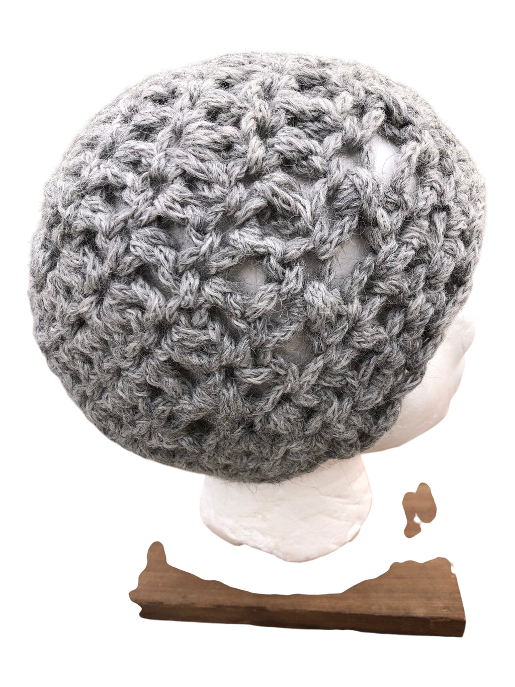 Oak Crest Alpacas and More chunky grey hand-crocheted alpaca wool hat on a mannequin head