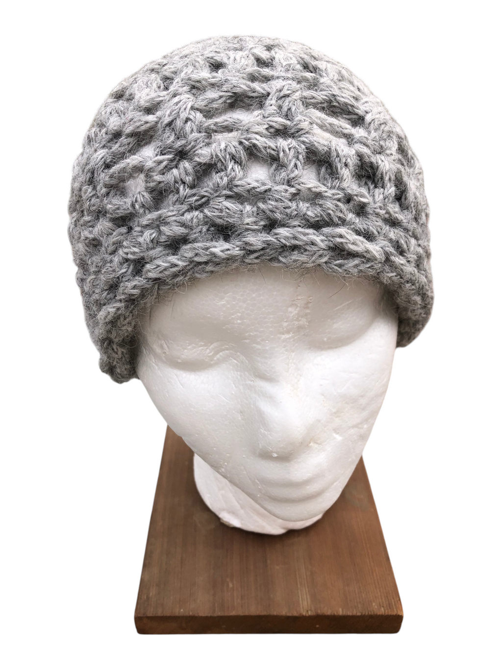 Oak Crest Alpacas and More chunky grey hand-crocheted alpaca wool hat on a mannequin head
