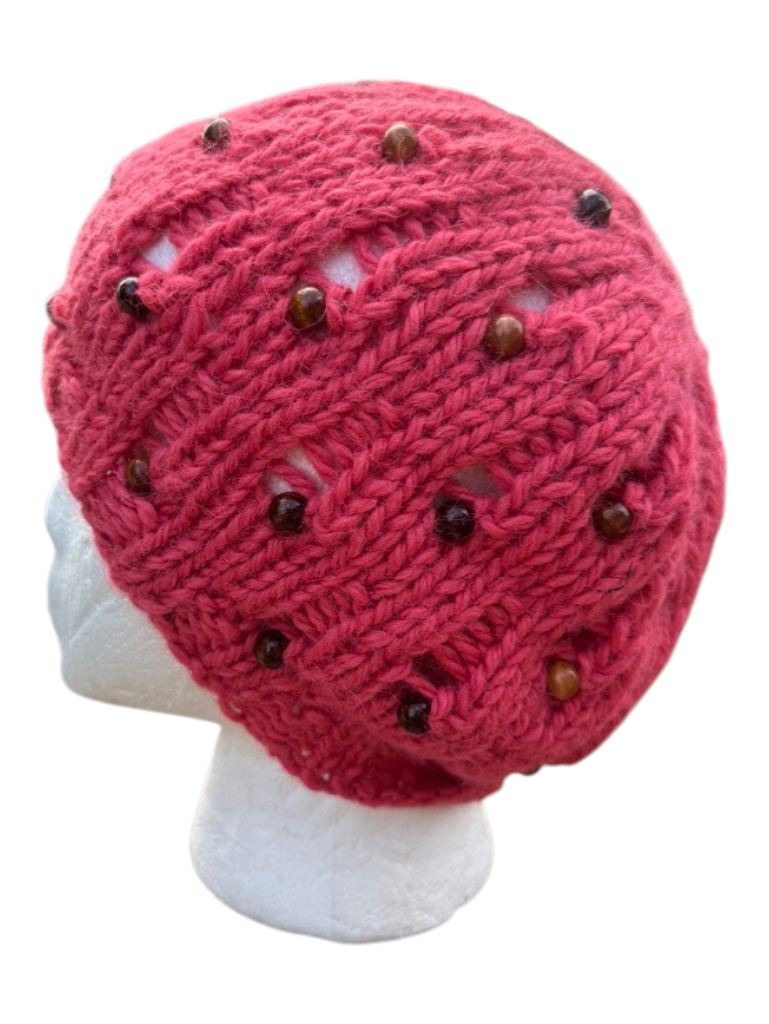 Oak Crest Alpacas and More cranberry red hand-knit chunky alpaca winter hat with decorative wooden beads