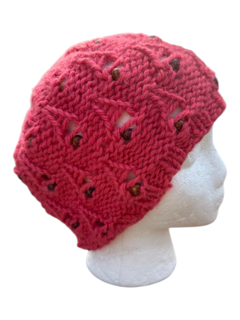 Oak Crest Alpacas and More hand-knit cranberry red chunky alpaca yarn winter hat with decorative bead accents.
