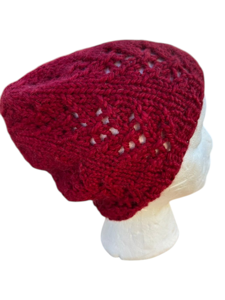 Oak Crest Alpacas and More cranberry red hand-knit chunky alpaca wool winter hat with a delicate lace pattern