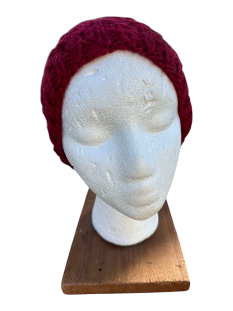 Oak Crest Alpacas and More cranberry red hand knit chunky alpaca wool winter hat on a white mannequin head