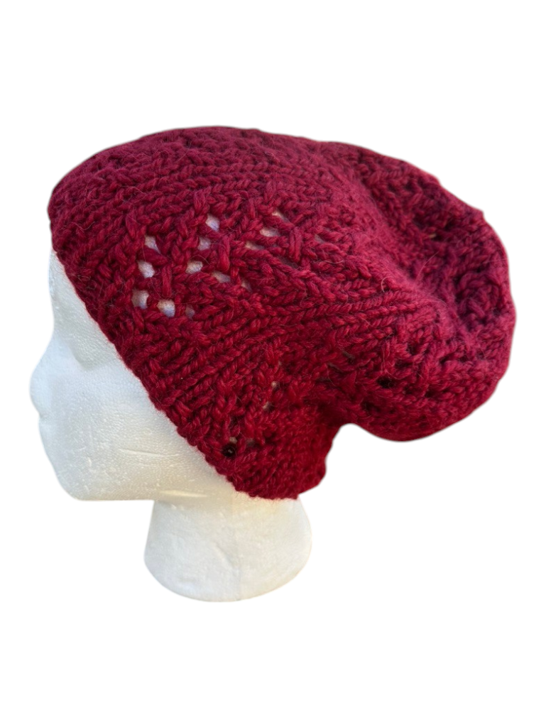 Oak Crest Alpacas and More cranberry red hand knit chunky alpaca wool winter hat on a mannequin head