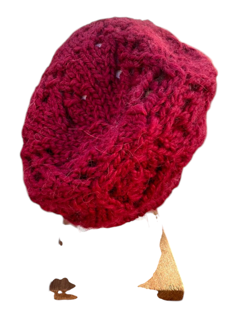 Oak Crest Alpacas and More cranberry red hand-knit chunky alpaca wool winter hat on a display stand outdoors.