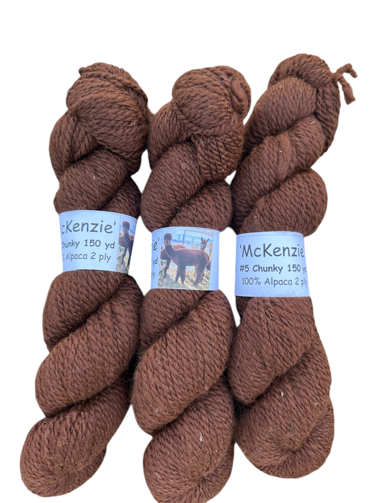 Oak Crest Alpacas and More dark brown 100% alpaca yarn skeins with McKenzie labels