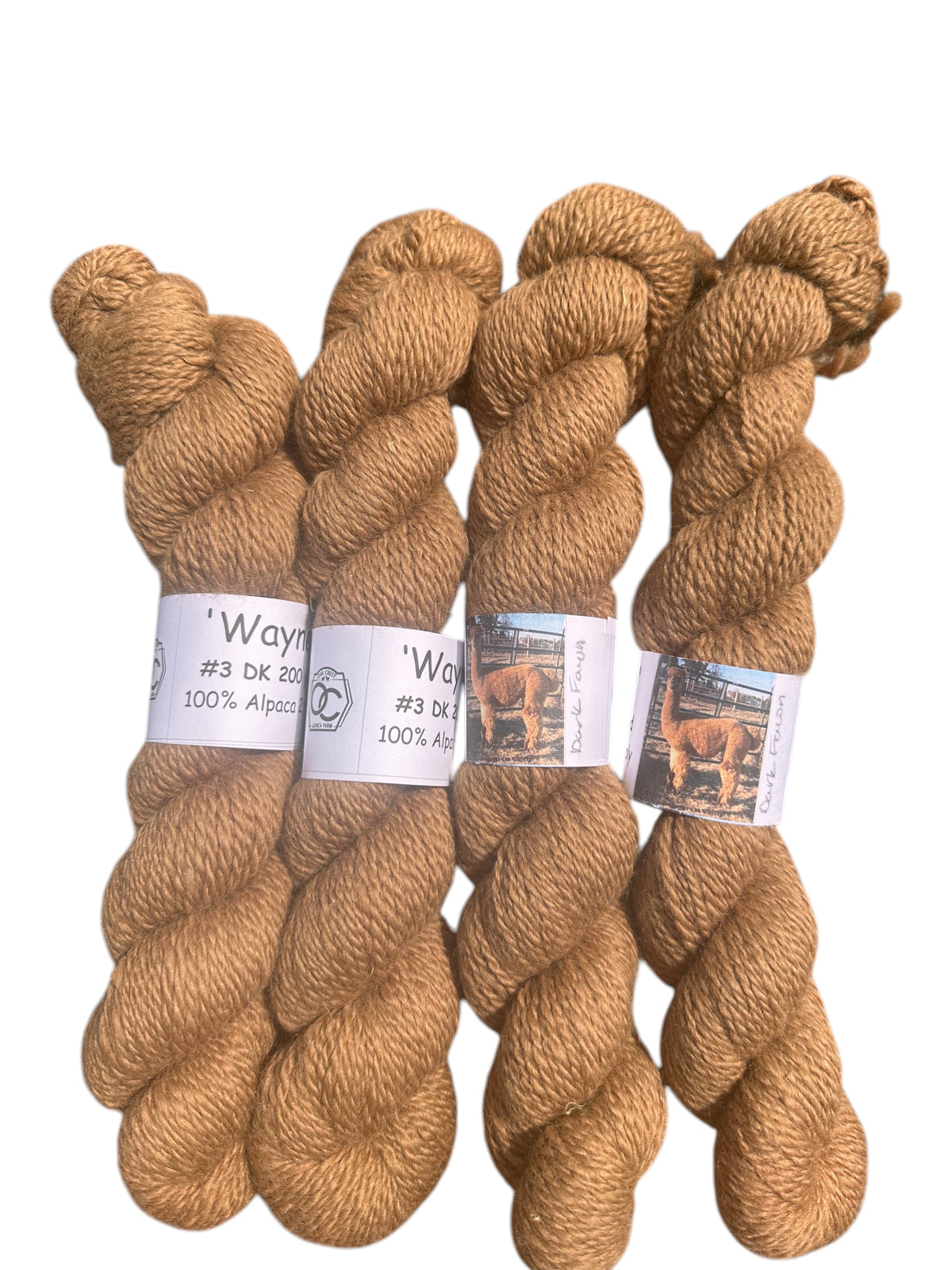Oak Crest Alpacas and More dark fawn 100% alpaca yarn skeins, 2-ply DK weight, dehaired for extra softness.
