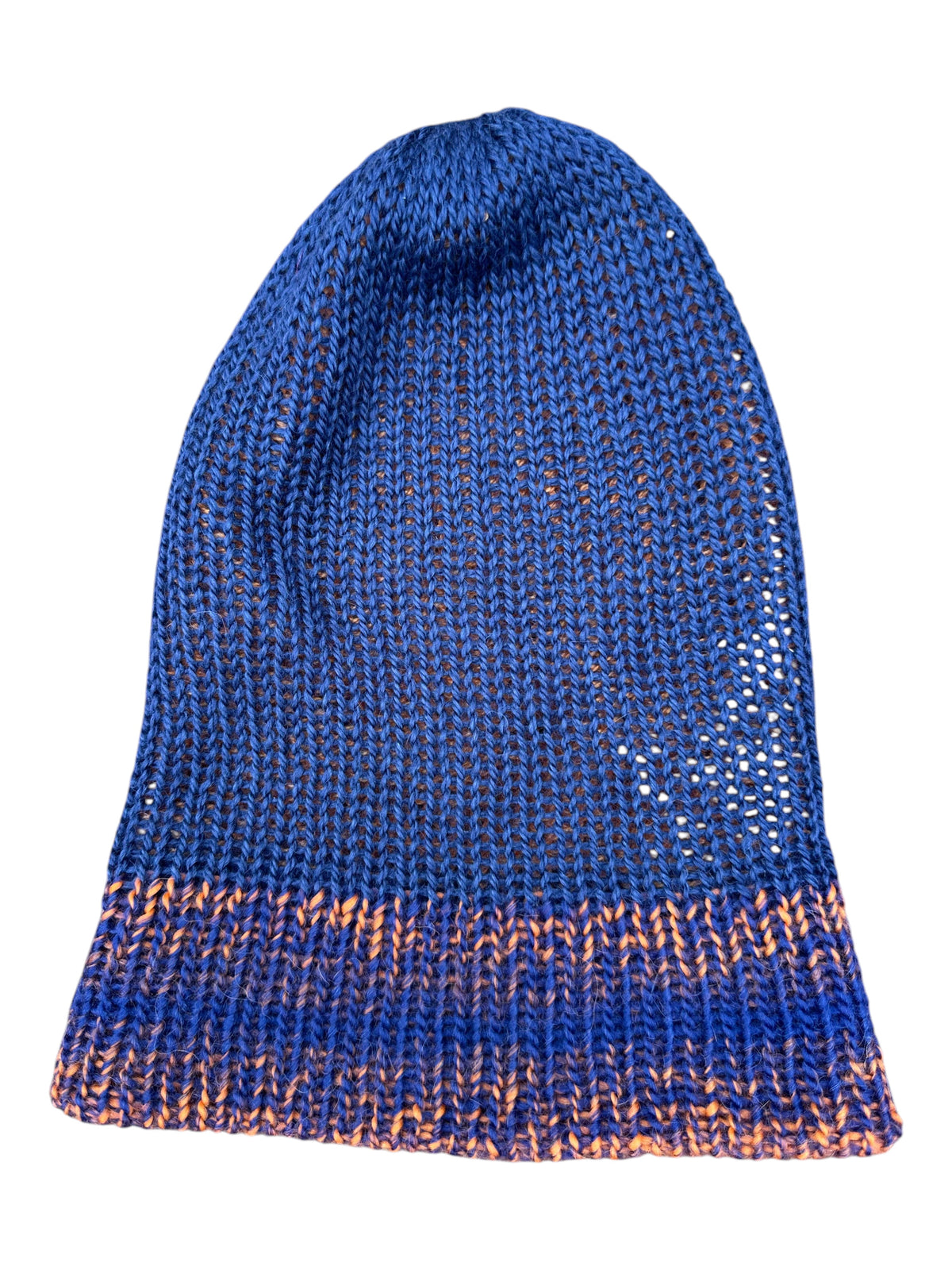 Oak Crest Alpacas and More double knit alpaca hat in blue and orange with a mixed color fold over brim