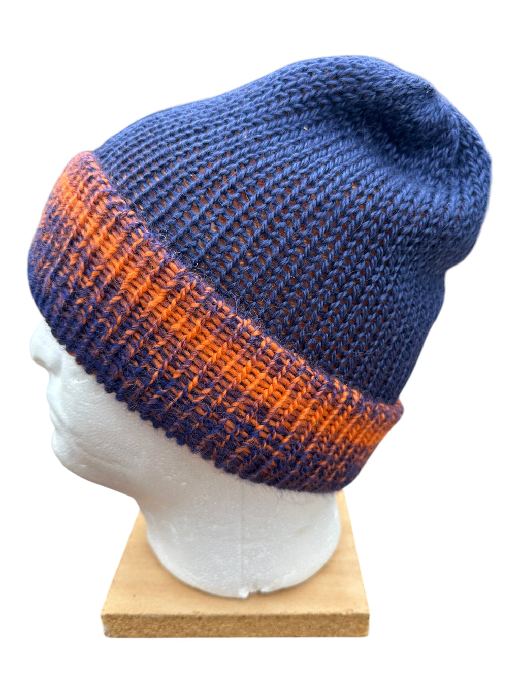 Oak Crest Alpacas and More double knit alpaca and wool blend hat with a blue and orange mixed fold over brim.