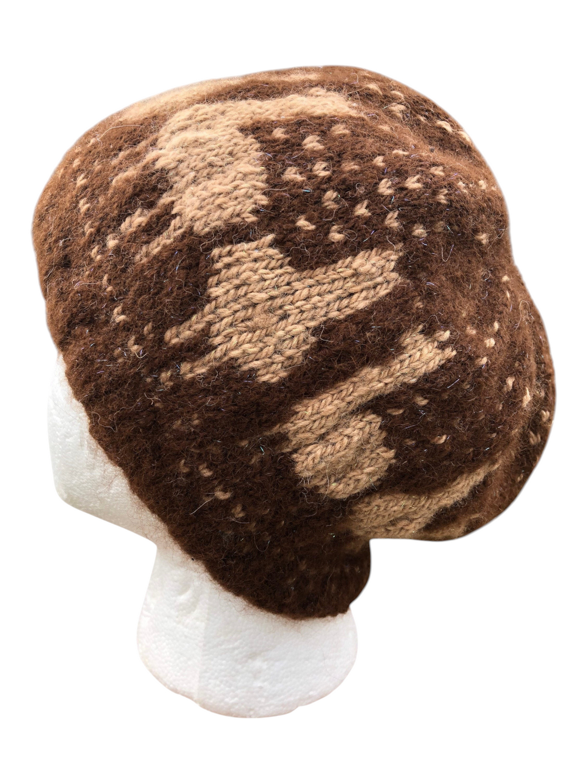 Oak Crest Alpacas and More brown and tan Fair Isle alpaca wool hat on a mannequin head