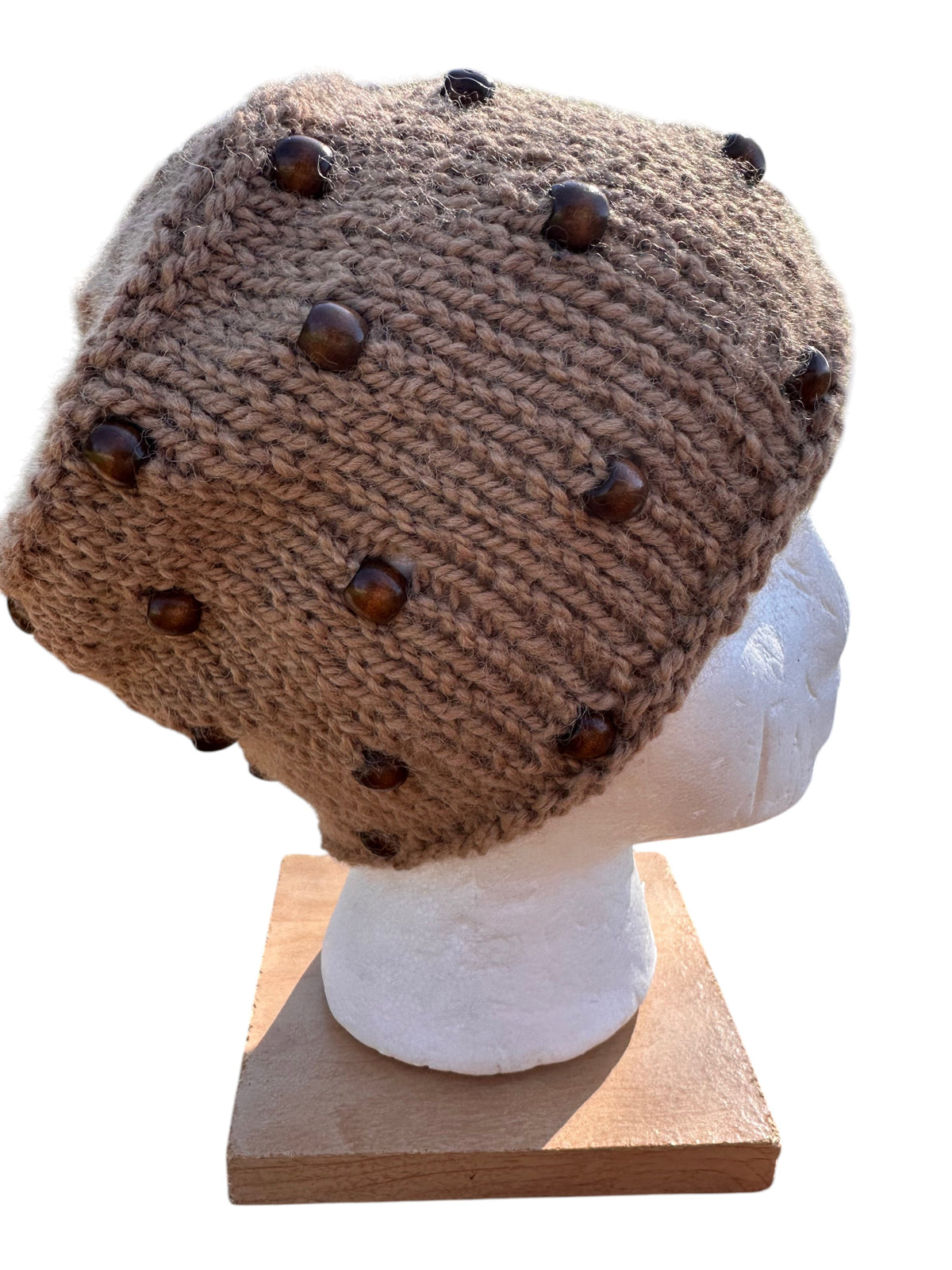 Oak Crest Alpacas and More fawn hand-knit 100% alpaca chunky beanie hat decorated with dark wooden beads