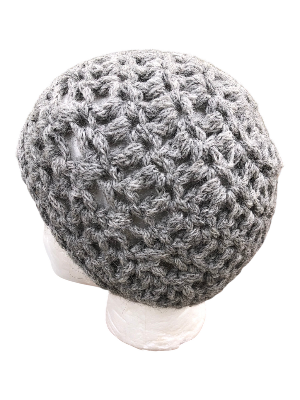 Oak Crest Alpacas and More chunky grey hand-crocheted alpaca wool hat on a mannequin head